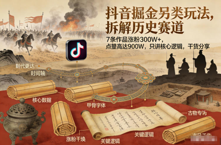 抖音掘金另类玩法,拆解历史赛道,7条作品涨粉300W+,点赞量高达900W,只讲核心逻辑,干货分享-白蛇网赚