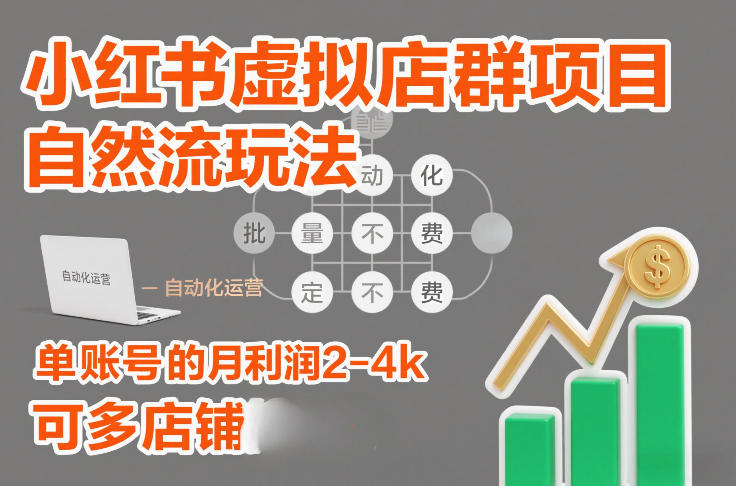 小红书虚拟店群项目，自然流玩法，批量自动化，稳定不费号，单账号的月利润2-4k，可多店矩阵-白蛇网赚