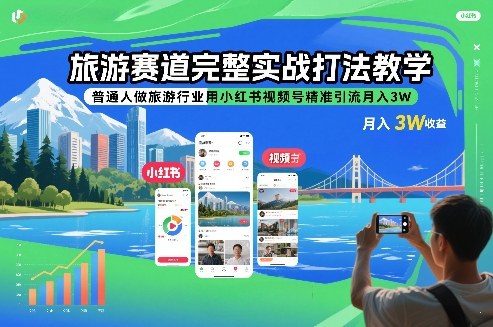 旅游赛道完整实战打法教学，普通人做旅游行业用小红书视频号精准引流月入3W-白蛇网赚