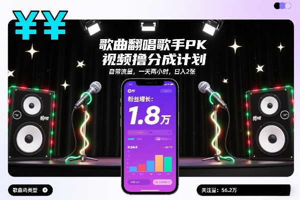 歌曲翻唱歌手PK视频撸分成计划，自带流量，一天两小时，日入2张-白蛇网赚