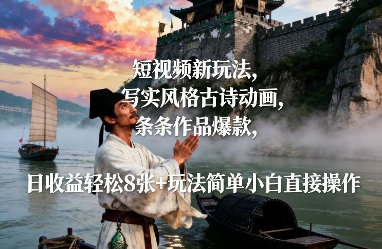 短视频新玩法，写实风格古诗动画，条条作品爆款，日收益轻松8张+玩法简单小白直接操作-白蛇网赚