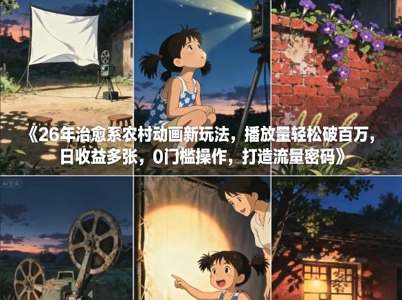 26年治愈系农村动画新玩法，播放量轻松破百万，日收益多张，0门槛操作，打造流量密码-白蛇网赚