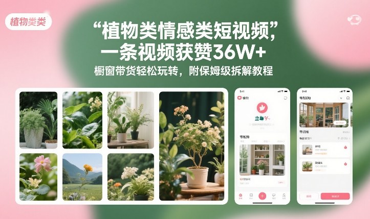 植物类情感类短视频，一条视频获赞36W+，橱窗带货轻松玩转，附保姆级拆解教程-白蛇网赚