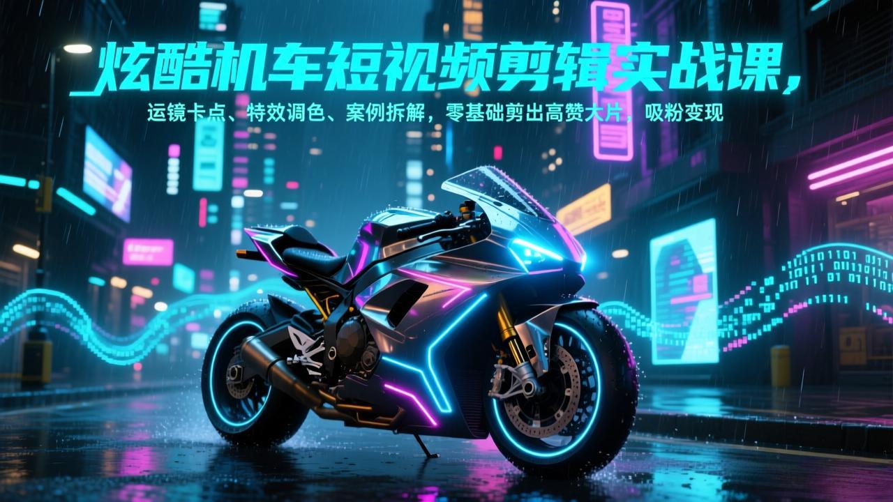 炫酷机车短视频剪辑实战课，运镜卡点、特效调色、案例拆解，零基础剪出高赞大片，吸粉变现-白蛇网赚