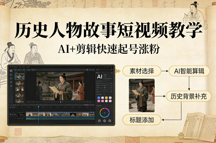 历史人物故事短视频教学，AI+剪辑制作历史人物题材短视频，快速起号涨粉-白蛇网赚