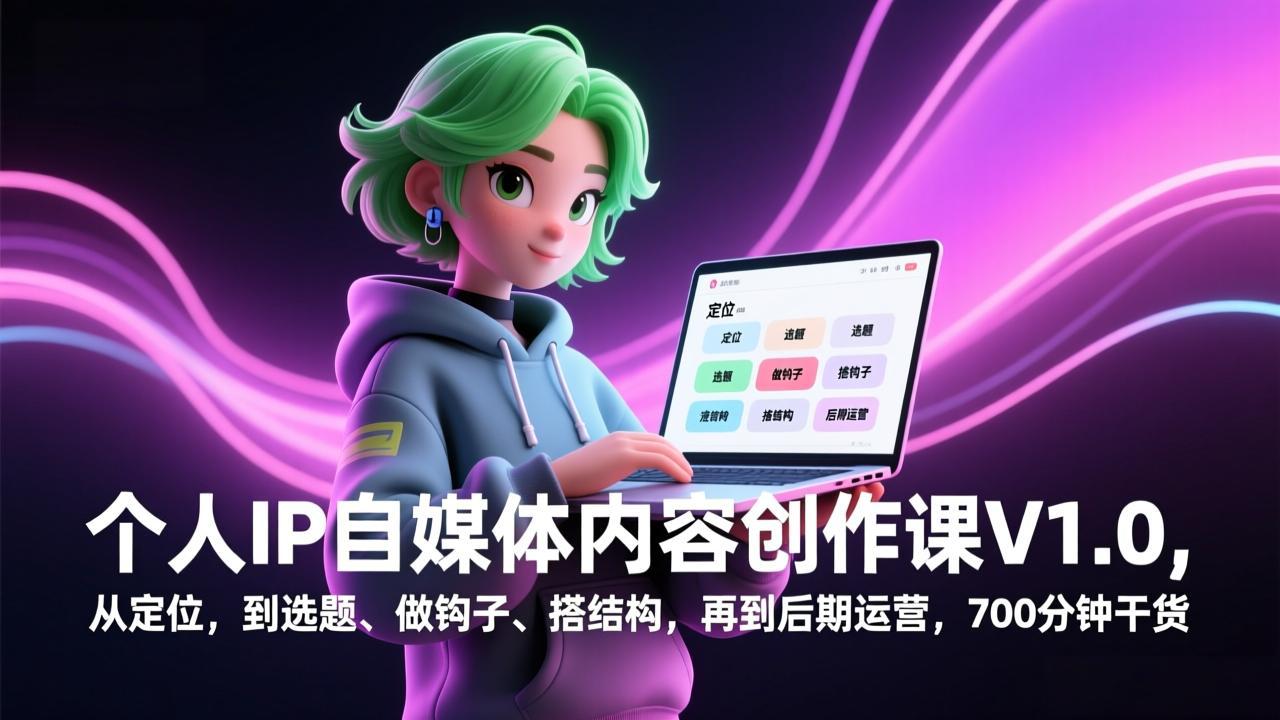 个人IP自媒体内容创作课V1.0，从定位，到选题、做钩子、搭结构，再到后期运营，700分钟干货-白蛇网赚