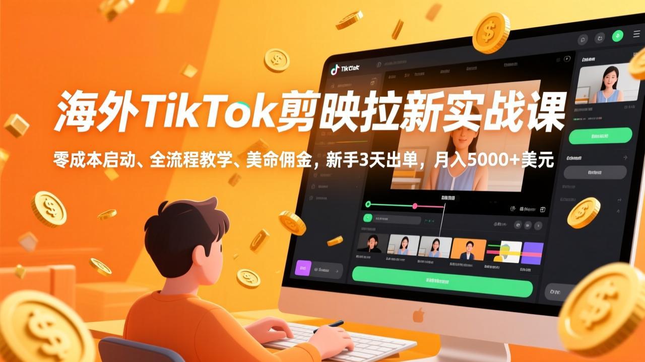 海外TikTok剪映拉新实战课，零成本启动、全流程教学、美金佣金，新手3天出单，月入5000+美元-白蛇网赚
