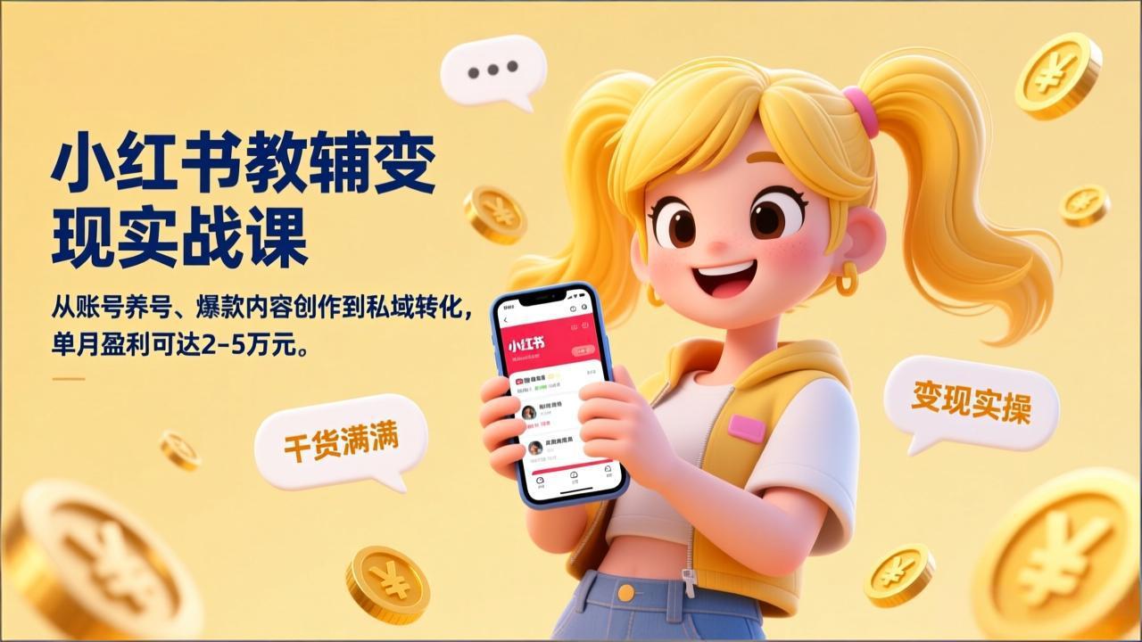 小红书教辅变现实战课，从账号养号、爆款内容创作到私域转化，单月盈利可达2-5万元-白蛇网赚
