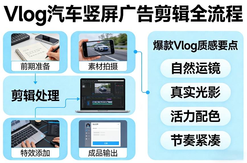 Vlog感觉汽车竖屏广告剪辑脚本全流程，拿捏爆款Vlog质感-白蛇网赚