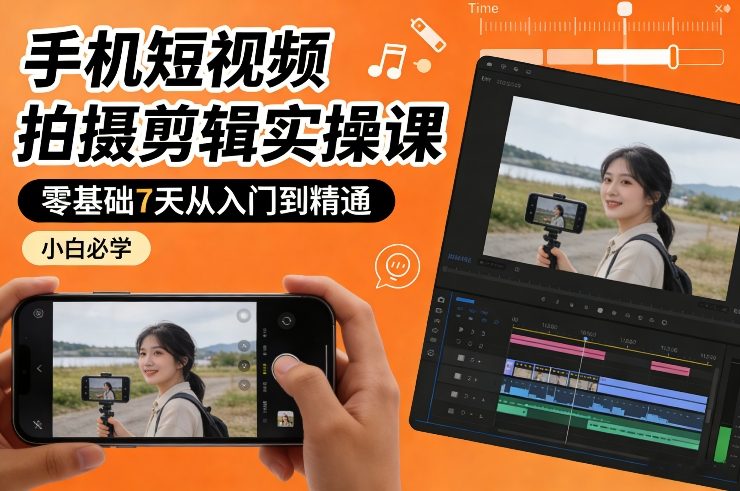 手机短视频拍摄剪辑实操课，零基础7天从入门到精通，小白必学-白蛇网赚