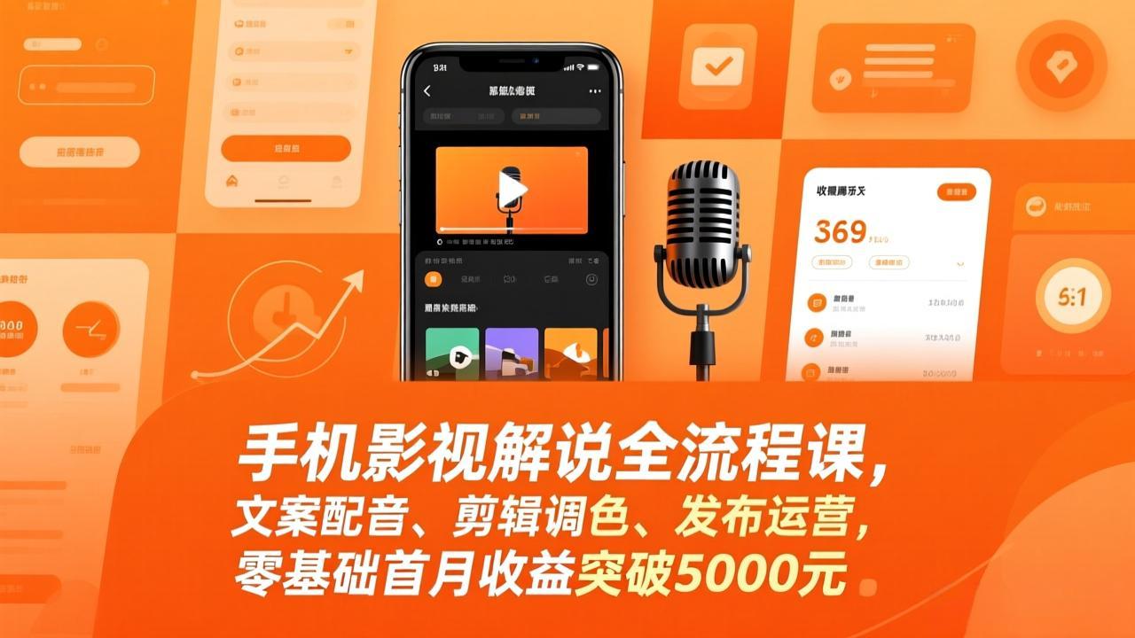 手机影视解说全流程课，文案配音、剪辑调色、发布运营，零基础首月收益突破5000元-白蛇网赚