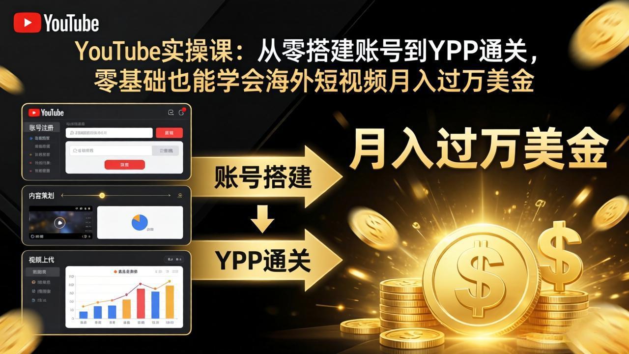 YouTube实操课：从零搭建账号到YPP通关，零基础也能学会海外短视频月入过万美金网赚项目-副业赚钱-互联网创业-资源整合青创网