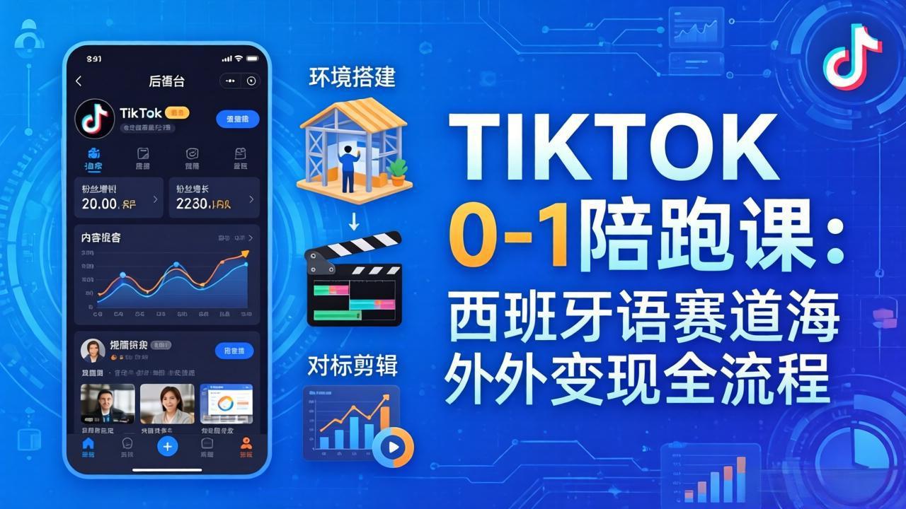 TIKTOK 0-1 陪跑课：从环境搭建到刷对标剪辑，西班牙语赛道海外变现全流程网赚项目-副业赚钱-互联网创业-资源整合青创网