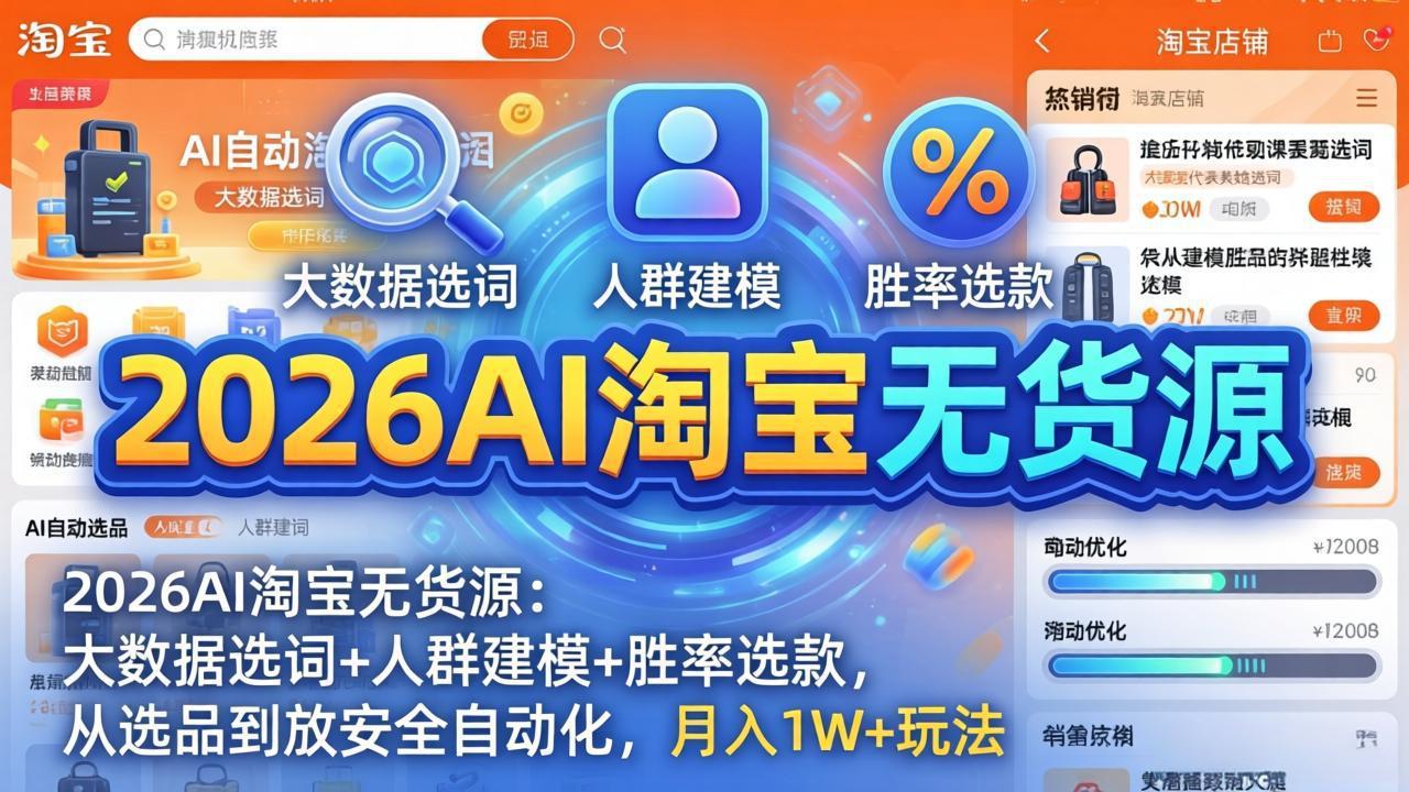 2026AI淘宝无货源-4月更新：大数据选词+人群建模+胜率选款，从选品到放大全自动化，月入1W+玩法网赚项目-副业赚钱-互联网创业-资源整合青创网