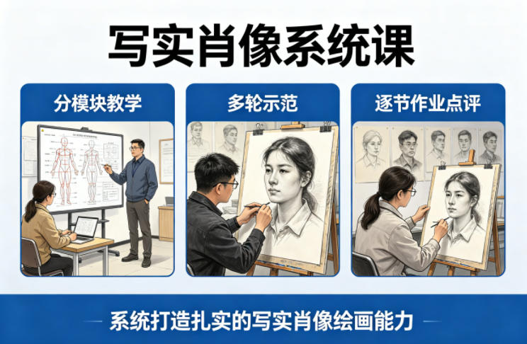 写实肖像系统课，全程分模块教学+多轮示范+逐节作业点评，系统打造扎实的写实肖像绘画能力网赚项目-副业赚钱-互联网创业-资源整合青创网