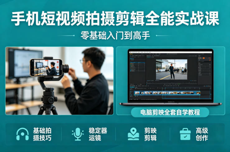 手机短视频拍摄剪辑全能实战课：零基础入门到高手，稳定器运镜+电脑剪映全套自学教程网赚项目-副业赚钱-互联网创业-资源整合青创网