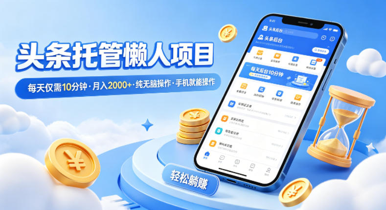 头条托管懒人项目，每天仅需10分钟，月入2000+，纯无脑操作，手机就能操作【揭秘】网赚项目-副业赚钱-互联网创业-资源整合青创网