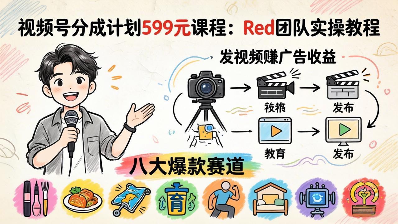 视频号分成计划599元课程：Red团队实操教程，发视频赚广告收益，八大爆款赛道全掌握-白蛇网