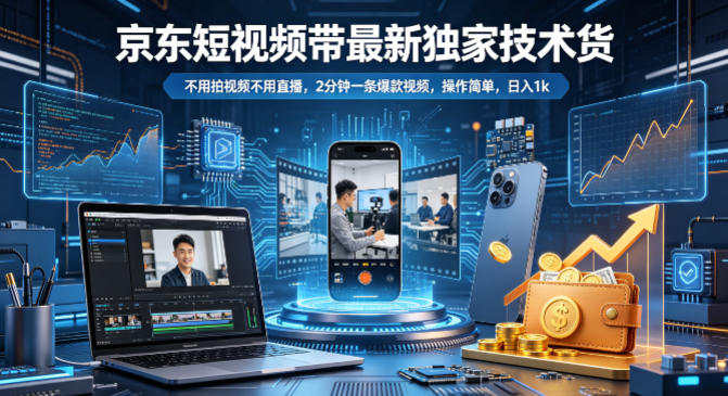 京东短视频带货最新独家技术，不用拍视频不用直播，2分钟一条爆款视频，操作简单，日入1k+【揭秘】网赚项目-副业赚钱-互联网创业-资源整合青创网