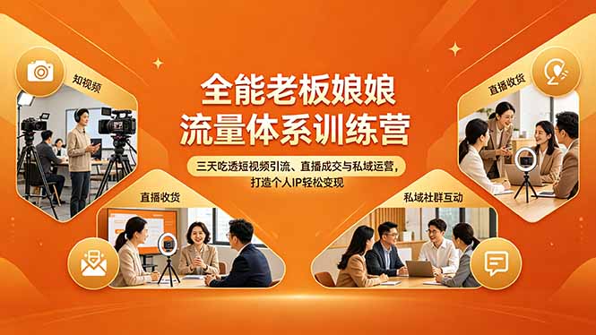 全能老板娘流量体系训练营，三天吃透短视频引流、直播成交与私域运营，打造个人IP轻松变现网赚项目-副业赚钱-互联网创业-资源整合青创网