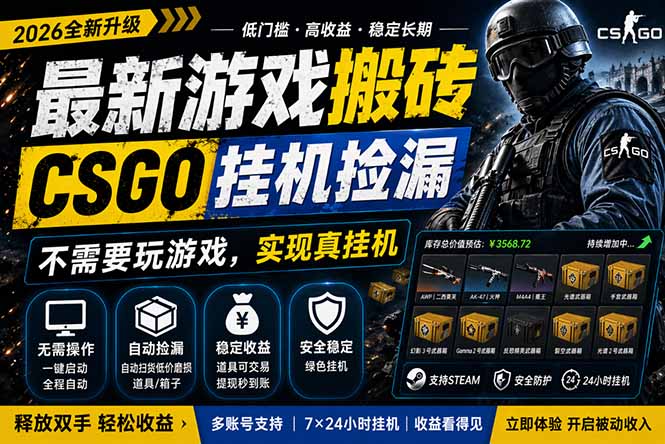 最新游戏搬砖，CSGO纯挂机，不需要玩游戏，实现真挂机，月入1W+，五一小高峰上车可吃肉，…网赚项目-副业赚钱-互联网创业-资源整合青创网