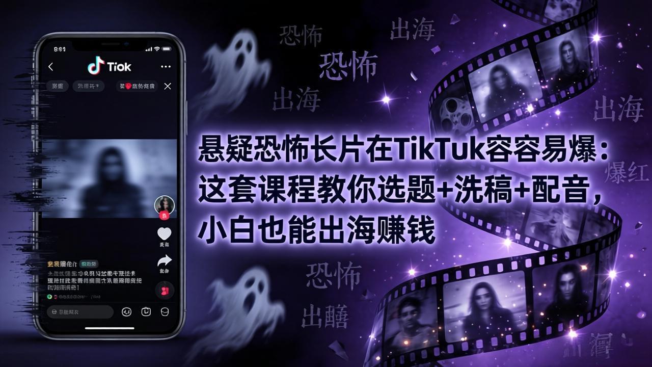 悬疑恐怖长片在TikTok最容易爆：这套课程教你选题+洗稿+配音，小白也能出海赚钱-白蛇网
