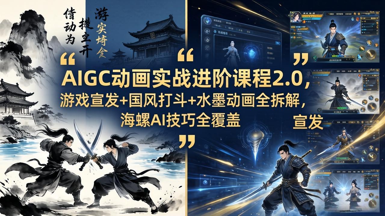 AIGC动画实战进阶课程2.0，游戏宣发+国风打斗+水墨动画全拆解，海螺AI技巧全覆盖网赚项目-副业赚钱-互联网创业-资源整合青创网