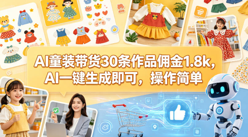 AI童装带货30条作品佣金1.8k，AI一键生成即可，操作简单网赚项目-副业赚钱-互联网创业-资源整合青创网