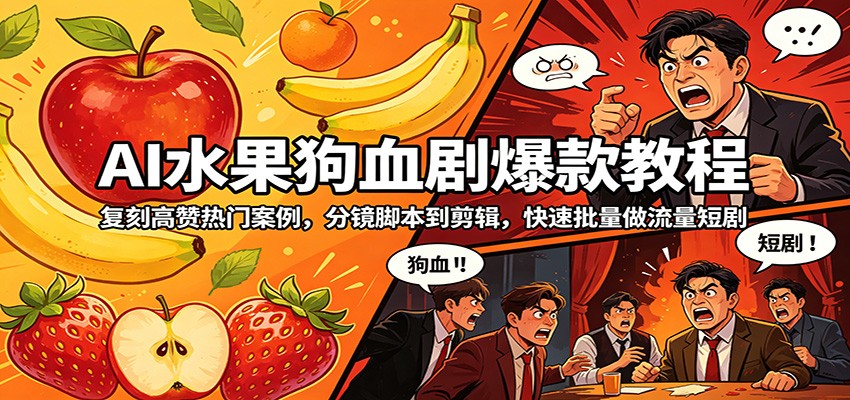 AI水果狗血剧爆款教程：复刻高赞热门案例，分镜脚本到剪辑，快速批量做流量短剧-白蛇网
