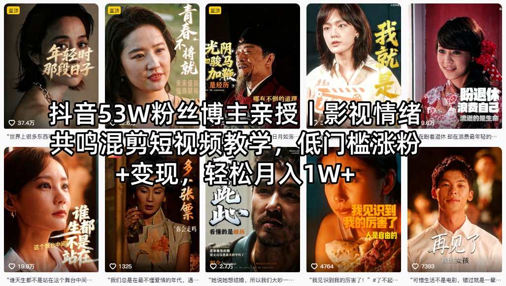 抖音53W粉丝博主亲授｜影视情绪共鸣混剪短视频教学，低门槛涨粉+变现，轻松月入1W+-白蛇网