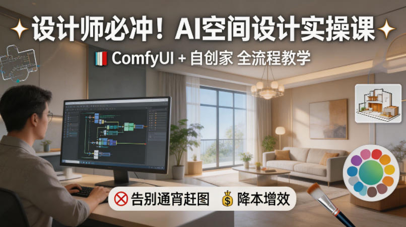 设计师必冲！AI空间设计实操课，ComfyUI+自创家全教学，告别通宵赶图，降本增效-白蛇网