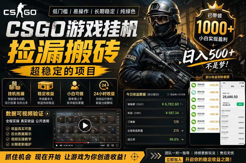 CSGO游戏搬砖，全自动挂G，不需要玩游戏，手机操作日入300+，解放双手【揭秘】-白蛇网
