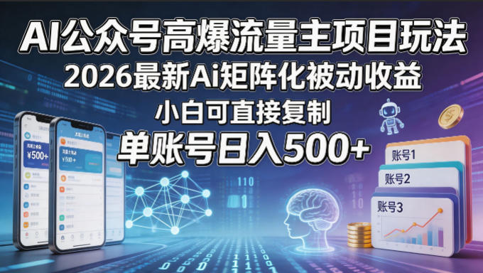 AI公众号高爆流量主项目玩法，2026最新Ai矩阵化被动收益，小白可直接复制，单账号日入500+-白蛇网