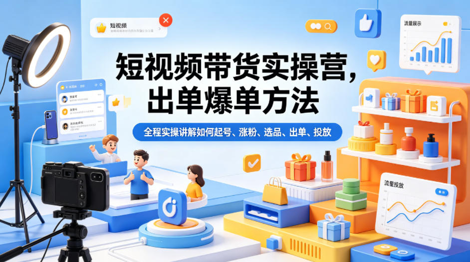 短视频带货实操营，出单爆单方法，全程实操讲解如何起号、涨粉、选品、出单、投放-白蛇网