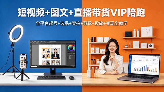 短视频+图文+直播带货VIP陪跑，全平台起号+选品+实拍+剪辑+投放+变现全教学-白蛇网