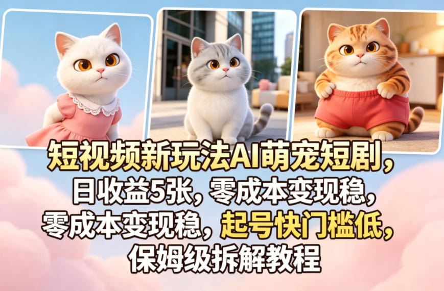 短视频新玩法AI萌宠短剧，日收益5张，零成本变现稳，起号快门槛低，保姆级拆解教程-白蛇网