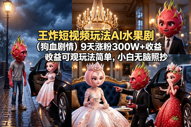 王炸短视频玩法AI水果剧(狗血剧情)9天涨粉300W+收益可观玩法简单，小白无脑照抄，详细拆解玩法-白蛇网