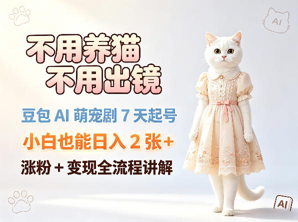 不用养猫不用出镜，豆包AI萌宠剧7天起号，小白也能日入2张+，涨粉+变现全流程讲解-白蛇网