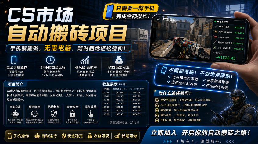 手机即可操作的CS市场自动搬砖系统｜自动监控｜自动下单|日入300+【揭秘】-白蛇网