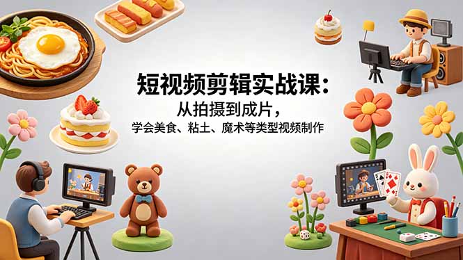 短视频剪辑实战课：从拍摄到成片，学会美食、粘土、魔术等类型视频制作-白蛇网