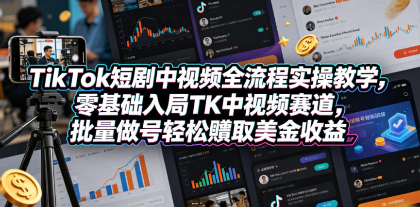 TikTok短剧中视频全流程实操教学，零基础入局TK中视频赛道，批量做号轻松賺取美金收益-白蛇网
