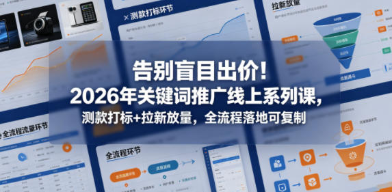 告别盲目出价！2026年关键词推广线上系列课，测款打标+拉新放量，全流程落地可复制-白蛇网