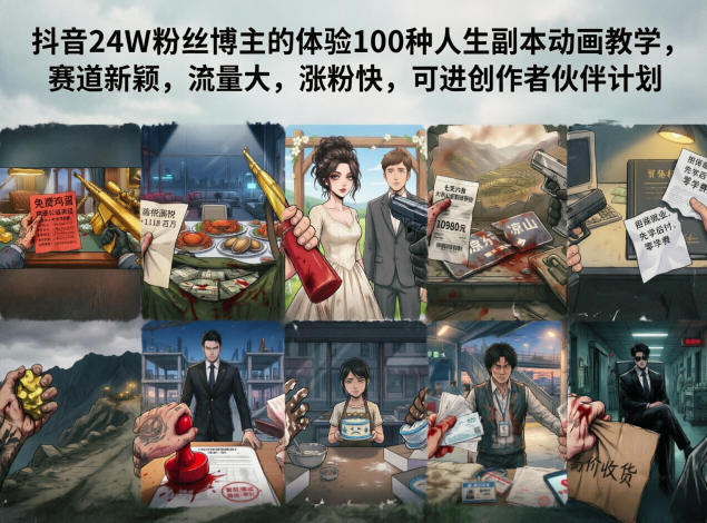 b1aae5a4698581f87bad559691625ac7.jpeg 抖音24W粉丝博主的体验100种人生副本动画教学,赛道新颖,流量大,涨粉快,可进创作者伙伴计划