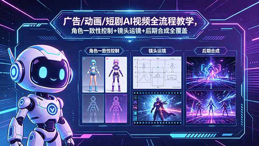 cb2fddb769c8e0bc729ecc79e8d78197.jpeg 广告/动画/短剧AI视频全流程教学,角色一致性控制+镜头运镜+后期合成全覆盖