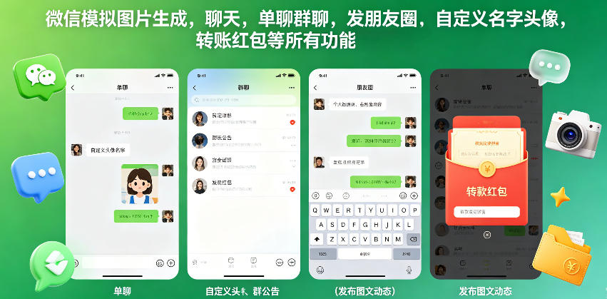 微信模拟图片生成，聊天，单聊群聊，发朋友圈，自定义名字头像，转账红包等所有功能都可以生成网赚项目-副业赚钱-互联网创业-资源整合青创网