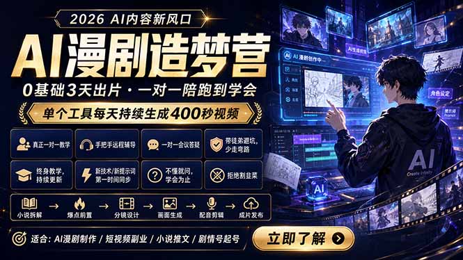 89f4f6374dc3bdad16b5062bda00249a.jpeg AI漫剧造梦营:0基础3天出片,单个工具每天持续生成400秒视频
