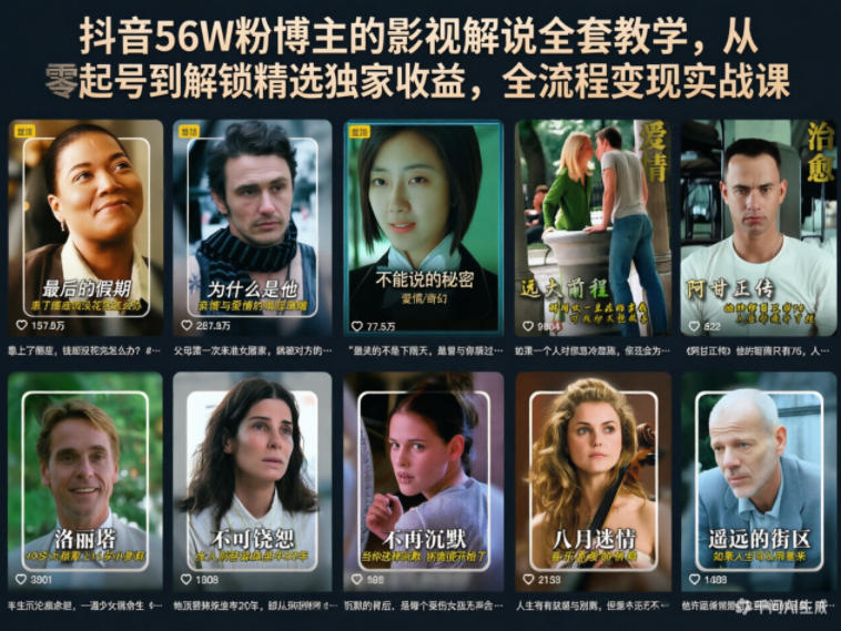 抖音56W粉博主的影视解说全套教学，从零起号到解锁精选独家收益，全流程变现实战课网赚项目-副业赚钱-互联网创业-资源整合青创网