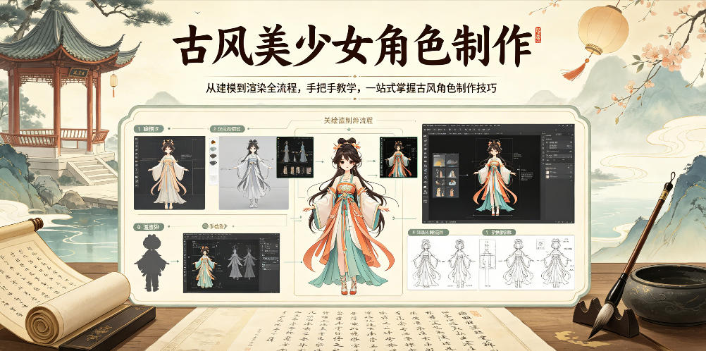 古风美少女角色制作，从建模到渲染全流程，手把手教学，一站式掌握古风角色制作技巧网赚项目-副业赚钱-互联网创业-资源整合青创网