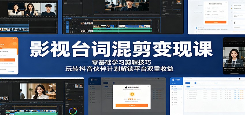 影视台词混剪变现课:零基础学习剪辑技巧,玩转抖音伙伴计划解锁平台双重收益网赚项目-副业赚钱-互联网创业-资源整合青创网