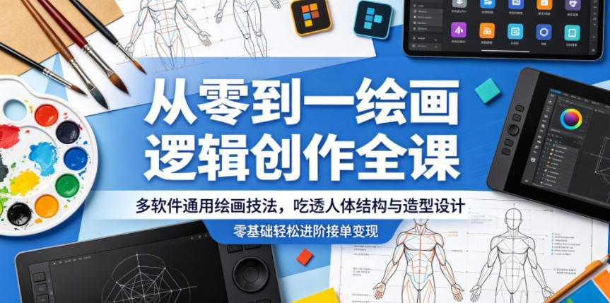 从零到一绘画逻辑创作全课，多软件通用绘画技法，吃透人体结构与造型设计，零基础轻松进阶接单变现网赚项目-副业赚钱-互联网创业-资源整合青创网